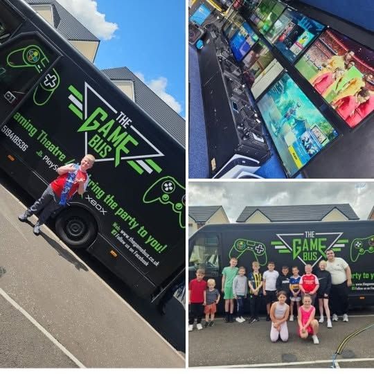 Game Bus party photos: the bus, the screens inside and a party group