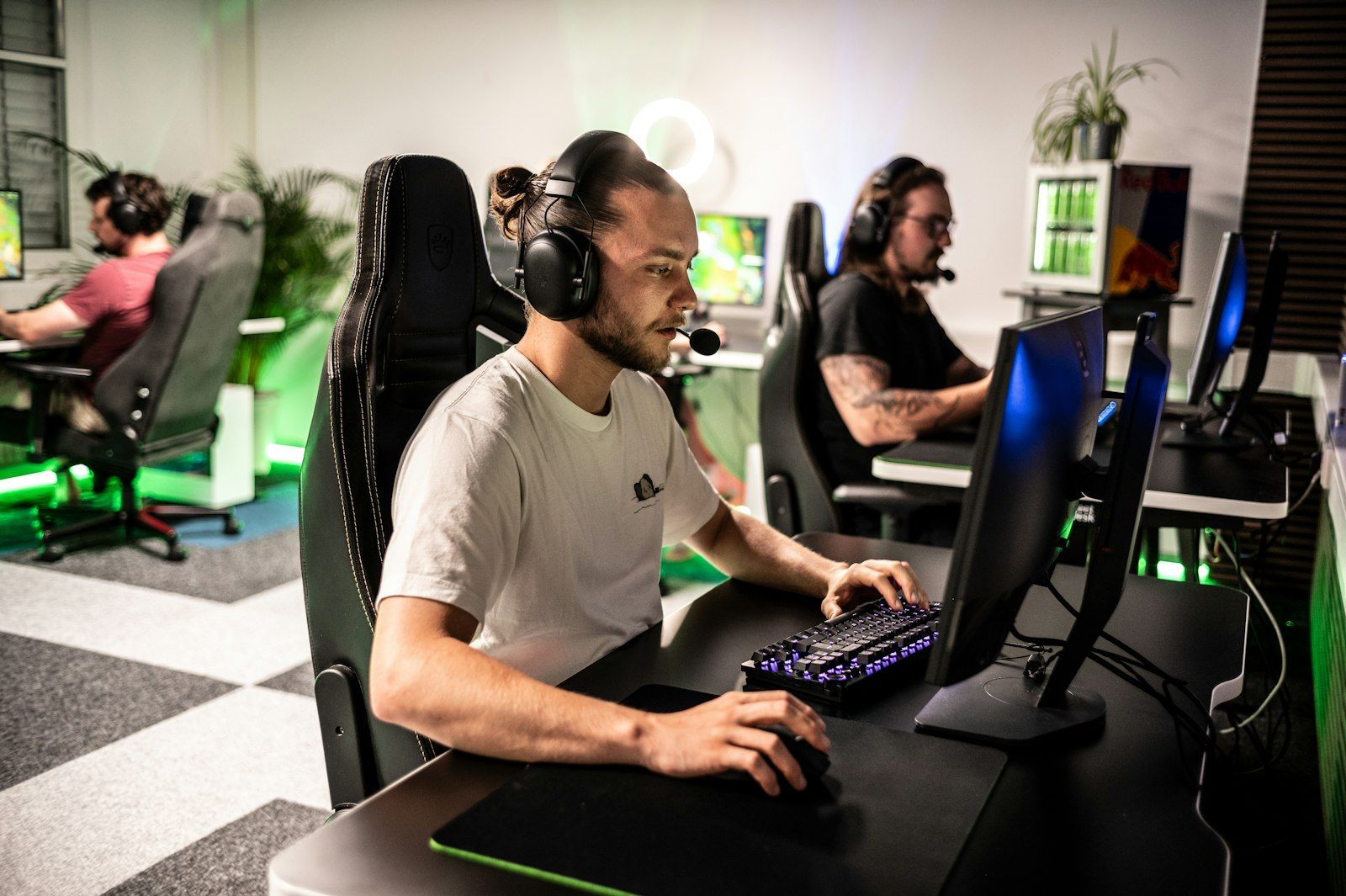 Players at gaming stations during a tournament